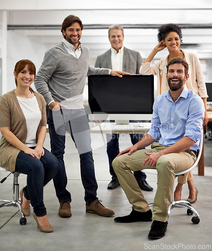 Image of Happy, computer screen and business people in portrait for friendly and technology at work for connection. Web designer, staff and positive face for collaboration with support and mock up in office