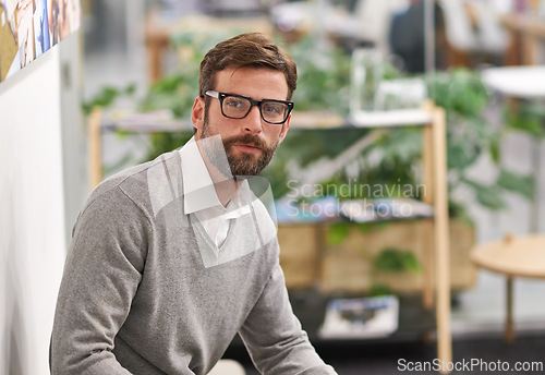 Image of Confident, business and portrait of man in office or creative workspace for career, job and working at startup company. Professional worker, entrepreneur and person with confidence, pride and serious