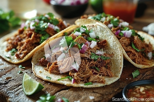 Image of Delicious Tacos with Shredded Meat and Fresh Herbs