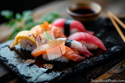 Image of Assorted Sushi and Sashimi Set on a Black Slate Plate