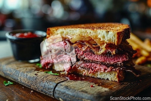 Image of Delicious Gourmet Beef Sandwich on Wooden Board