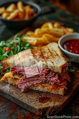 Image of Gourmet Grilled Cheese Sandwich with Ham and Fries