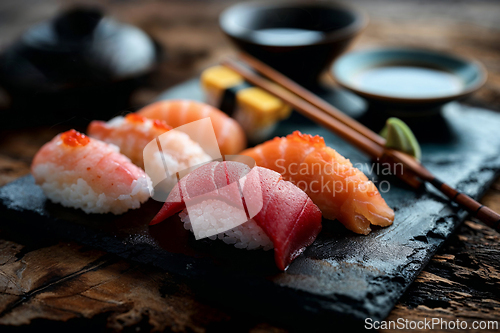 Image of Authentic Sushi Selection on a Slate Plate with Soy Sauce