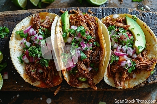 Image of Traditional Mexican Tacos with Pulled Pork and Avocado