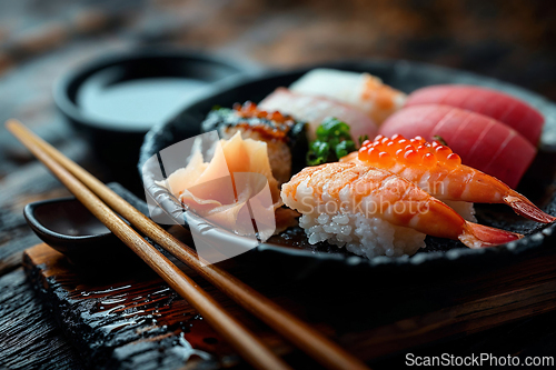 Image of Assorted Sushi Set on Wooden Table with Soy Sauce