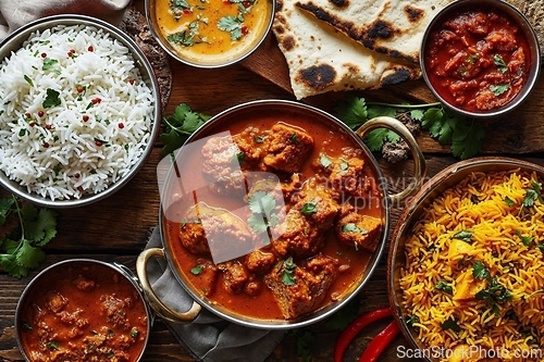 Image of Assorted Indian Dishes in Traditional Serveware on Wood