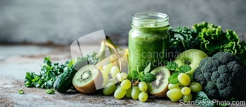 Image of Healthy Green Smoothie and Fresh Ingredients on Table