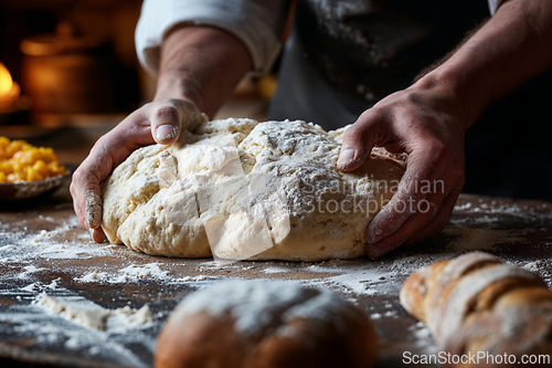 Image of Artisan Baker Kneading Dough on Wooden Counter