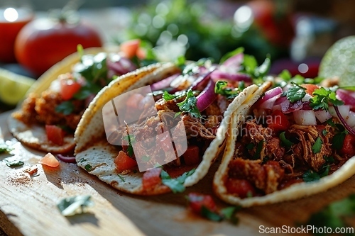 Image of Delicious Spicy Tacos Served on Wooden Board