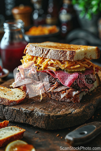 Image of Gourmet Pastrami Sandwich on Rustic Wooden Board