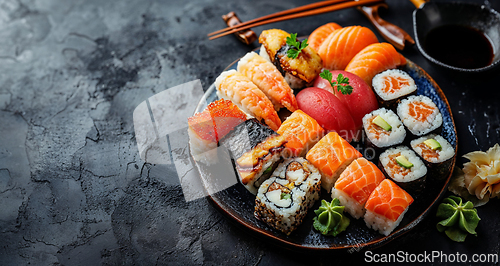 Image of Assorted Sushi Platter on Dark Stone Background