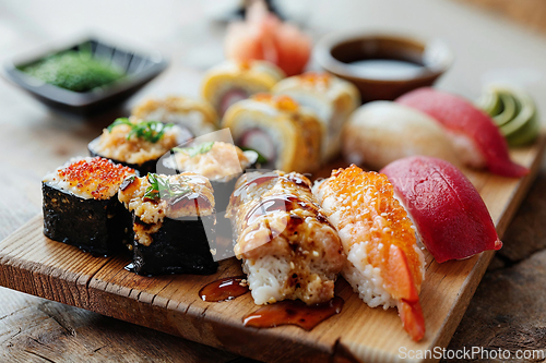 Image of Delicious Sushi Selection on a Wooden Platter