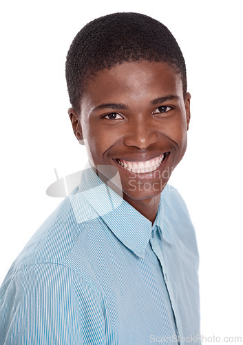Image of Man, portrait and happy or confidence in studio with relax, good mood and positive attitude with casual fashion. African guy, person and face with smile, pride and trendy shirt on white background
