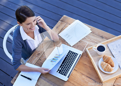 Image of Phone call, laptop and businesswoman with breakfast on hotel deck with networking, documents and stats. Remote work, computer and woman with smartphone conversation, brunch and coffee on high angle.