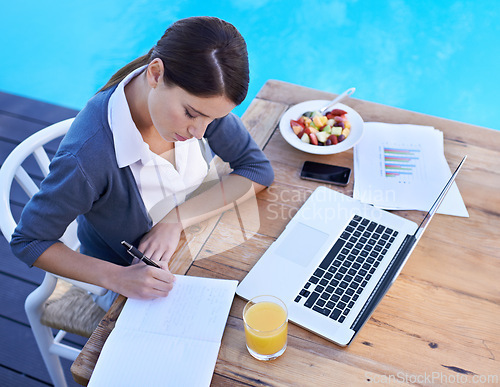 Image of Woman, writing and remote work with laptop, research with notebook and breakfast, planning for schedule or agenda. Notes, info and technology, journalist with ideas for article and meal outdoor