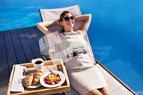 Image of Swimming pool, relax and business woman with breakfast, holiday and summer with weekend break or nutrition. Person, sunshine or girl on getaway trip or healthy meal with luxury, vacation or happiness
