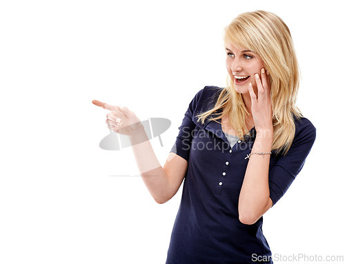 Image of Woman, pointing at mockup space and advertising, information or news with communication platform in studio. Marketing, announcement or about us with presentation for promo and ads on white background