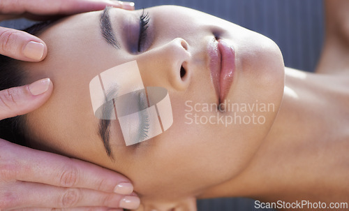 Image of Sleeping, head massage or hands with woman in hotel for wellness, treatment or hospitality in spa. Peace, smile or salon with calm person, client or masseuse on holiday vacation for beauty therapy