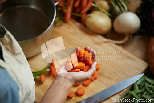 Image of Vegetables, hands and person with carrot and wooden board for cooking lunch and nutrition diet at home. Wellness, health and organic food with meal, vegetarian and ingredients for salad in a kitchen