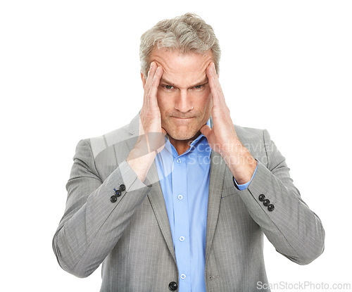 Image of Angry, business man and ceo with portrait of headache from fail and work mistake in studio. Mature, sales manager and boss with stress from problem and job issue and frustrated with white background