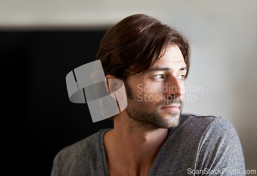 Image of Man, thinking and vision of future, home and ideas while planning for vacation, holiday and trip. Mockup, guy and eyes with calm while wondering about possibilities, rest and relaxation in Argentina