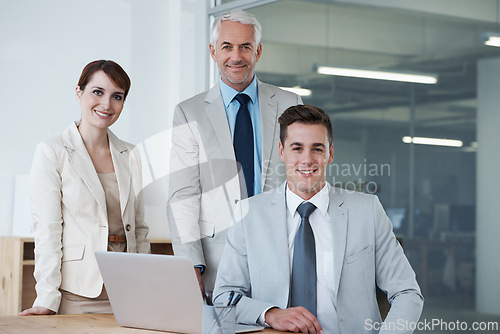 Image of Laptop, meeting and portrait of business people in office for research on corporate legal project in collaboration. Team, technology and group of attorneys work on law case with computer in workplace