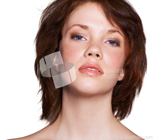 Image of Portrait, woman and skincare for beauty in studio, white background and makeup with confidence in smooth skin. Clean, healthy and routine for wellness with glow, selfcare and treatment for face.