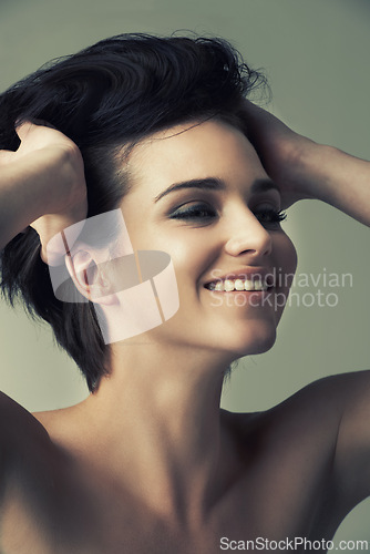 Image of Model, nude and studio for vision, face and hair care with smile, ideas and thinking. Happy woman, topless and proud with punk, empowerment or treatment for funky, cosmetic and satisfaction of beauty