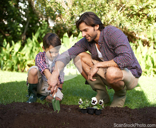 Image of Child, father and support with gardening and flowers in nature for agriculture growth and ecology education. Soil, compost and a man teaching boy kid to plant with spade for organic earth harvest