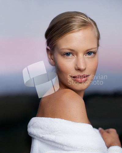 Image of Woman, portrait and spa beauty outdoor with skincare and facial treatment at sunset with skin glow. Hotel, wellness and female person from Switzerland with cosmetics, resort and relax at dusk