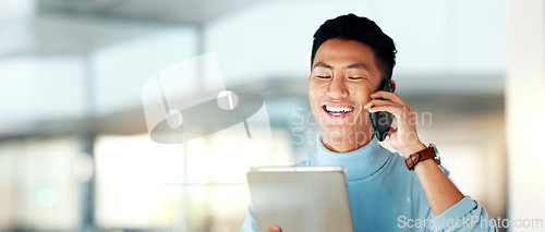 Image of Business, phone call and Asian man with a tablet, smile and creative with connection, contact and internet. Japanese person, employee and entrepreneur with a smartphone, conversation and technology