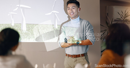 Image of Speaker, man and presentation with workshop, eco friendly or wind turbines with corporate training, seminar or feedback. Person, presenter or worker with sustainability, conference or energy research