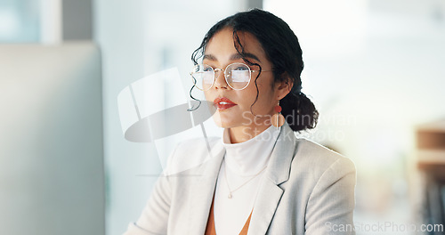 Image of Business woman, computer and reading SEO report fail in a office data for big data project. Digital research, female professional and mistake of ux review analysis for website update for company app