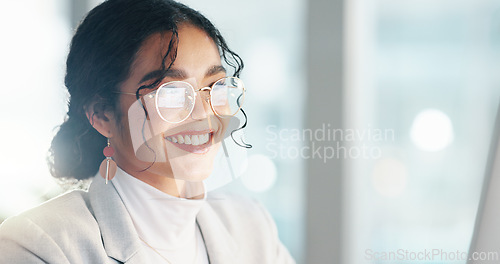 Image of Business woman, computer and happy planning on SEO report in a office reading data for project. Digital research, female professional and employee with ux review analysis for website update for app