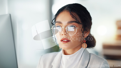 Image of Business woman, computer and reading SEO report fail in a office data for big data project. Digital research, female professional and mistake of ux review analysis for website update for company app