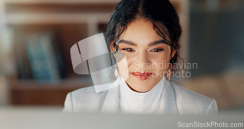 Image of Happy woman at desk with computer, thinking or typing email, report or article at digital agency. Internet, research and businesswoman at tech startup with online review, networking project and smile