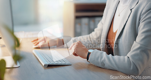 Image of Hands of woman at desk with computer, typing email or report for article at digital agency. Internet, research and businesswoman at tech startup with online review, networking project and writing.