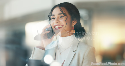 Image of Woman, tablet and phone call in night, office and networking for business deal, lead and smile for negotiation. Entrepreneur, smartphone and digital touchscreen with conversation, thinking and chat