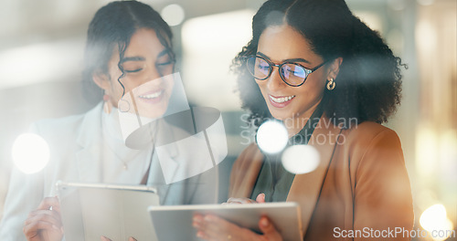 Image of Business women, teamwork and tablet planning for human resources solution, company management and ideas at night. HR manager and worker training for internship on digital technology in window bokeh