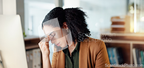 Image of Business woman, headache and stress on computer for Human Resources fail, mistake or payroll error online. Professional african person or HR worker with glasses, pain or sad on desktop for bad news