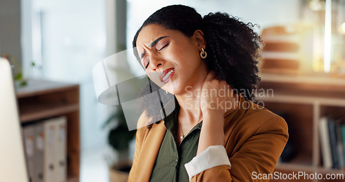 Image of Woman, neck and hand is sore, office and ache or cramp, laptop and business or pain. Businesswoman, injury and entrepreneur of startup, massage and arthritis or frustrated, fatigue and workplace