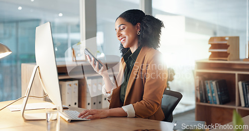 Image of Woman, computer and phone call as receptionist for client consulting or online booking, information with smile. Female worker, communication or talking in office for service, helping or appointment