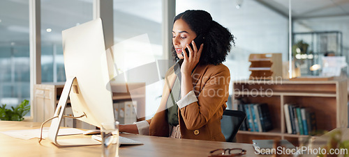 Image of Woman, computer and phone call as receptionist for customer care or online booking, information or client trust.