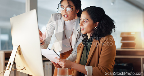 Image of Communication, coaching and women in business with documents for training and project management on laptop. Instruction, mentor or leader talking to colleague with paperwork for report in office