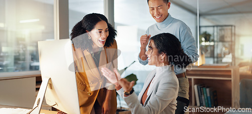 Image of Business, team and high five for news of success in office with collaboration or support for sales achievement. Employees, winning and celebration together for feedback on project goals or target
