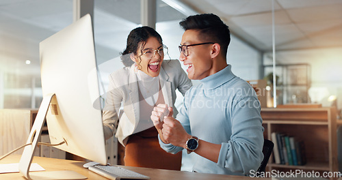 Image of Wow, happy and business people with success in teamwork, collaboration or support for achievement in office. Employees, winning and celebration together for feedback on project goals or target