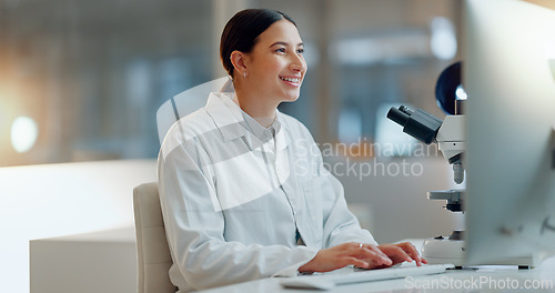 Image of Science, research and happy woman with computer, typing and biotech data report in laboratory. Medical innovation, scientist or lab technician in study in healthcare, medicine or online test feedback