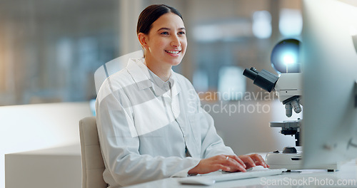 Image of Science, research and happy woman with computer, typing and biotech data report in laboratory. Medical innovation, scientist or lab technician in study in healthcare, medicine or online test feedback