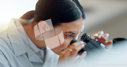 Image of Particles, microscope or woman scientist in laboratory for research, medical analysis or test experiment. Healthcare, investigation or science expert with technology for future development or results