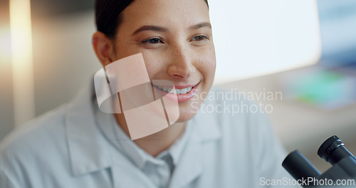 Image of Computer, happy woman or scientist reading in laboratory for chemistry research report or scientific news. Face, information or science expert typing online for medicine development or medical data